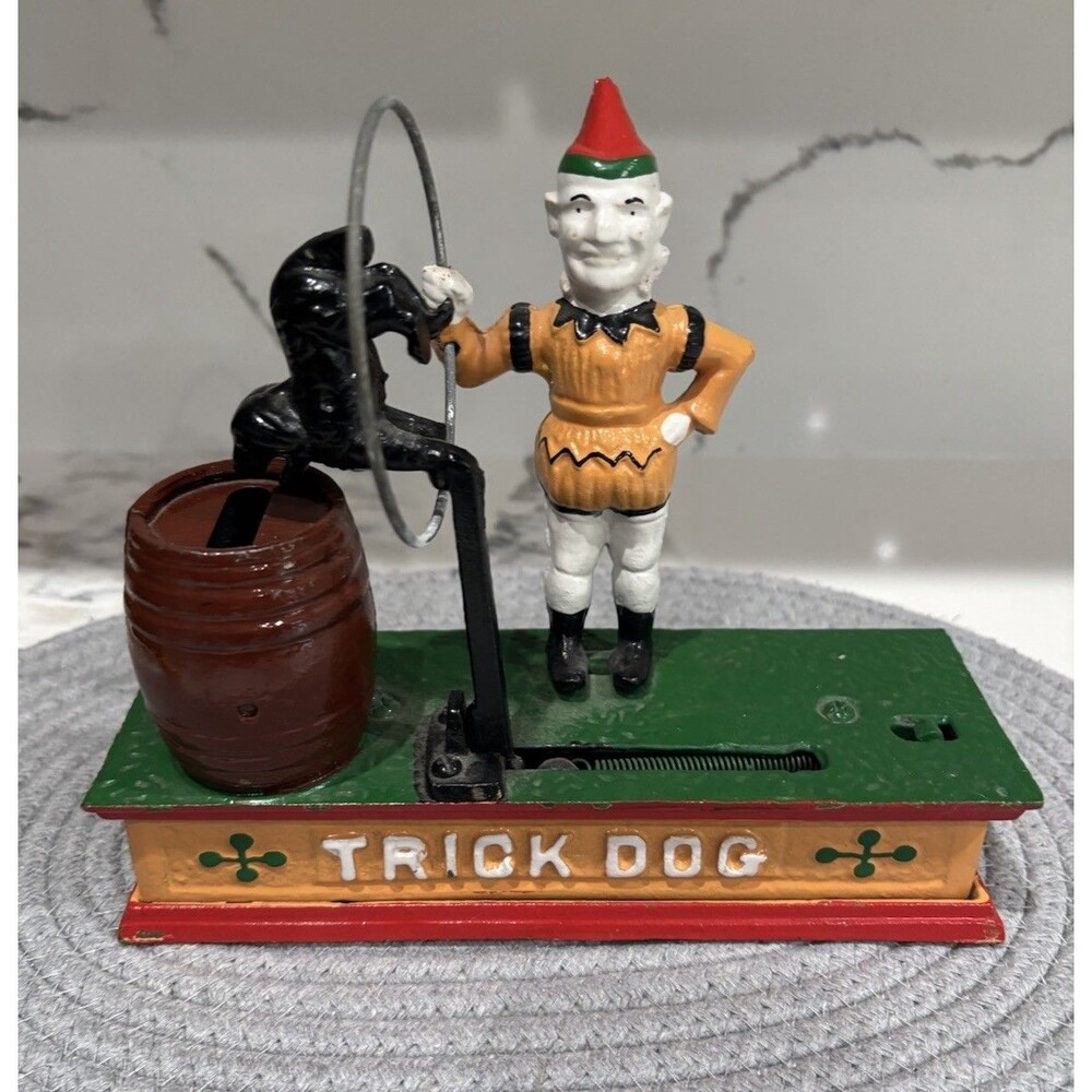 Antique Trick Dog Bank Cast Iron Mechanical Circus Clown. WORKING